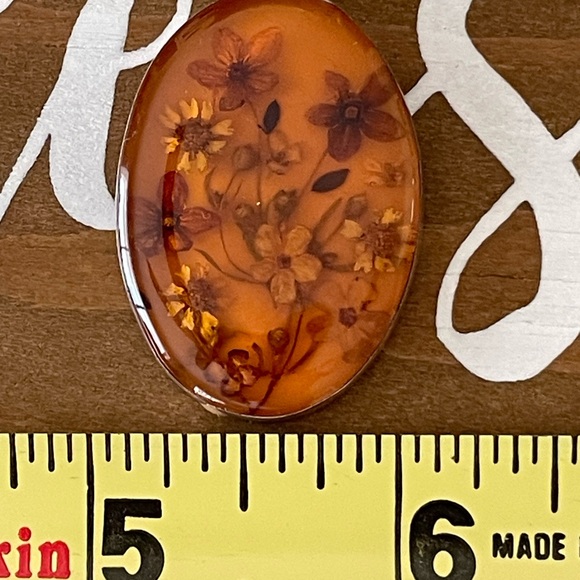 Vintage Mexican Sterling Silver Dried Flowers Amber Resin Pendant - Picture 8 of 11